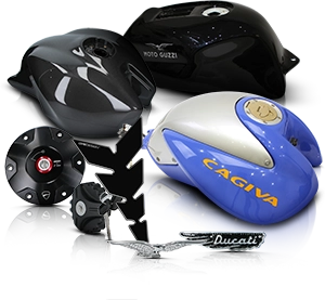 Réservoirs de moto Ducati, Moto Guzzi et Cagiva avec serrures de contact et emblèmes.